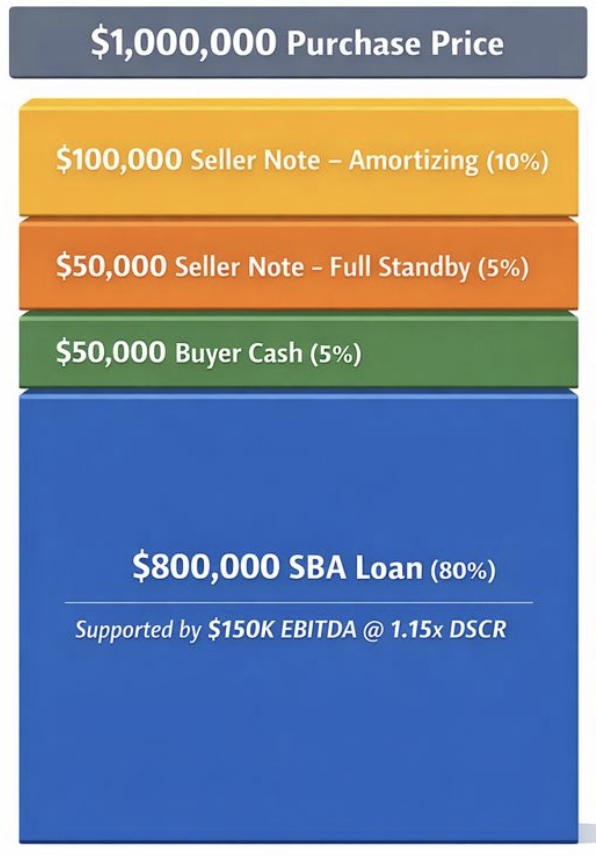 SBA Loan Structure Example: $1M Purchase Price breakdown showing $800K SBA Loan (80%), $50K Buyer Cash (5%), $50K Seller Note Full Standby (5%), and $100K Seller Note Amortizing (10%)